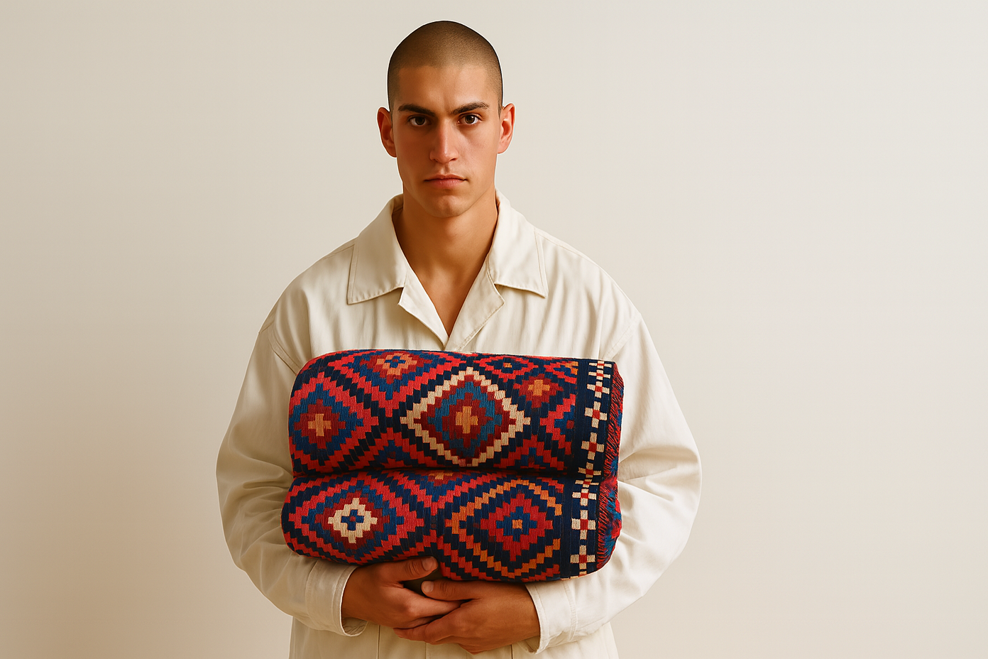 Man holding a folded handmade Persian rug with red and blue geometric pattern — Oba Gallery