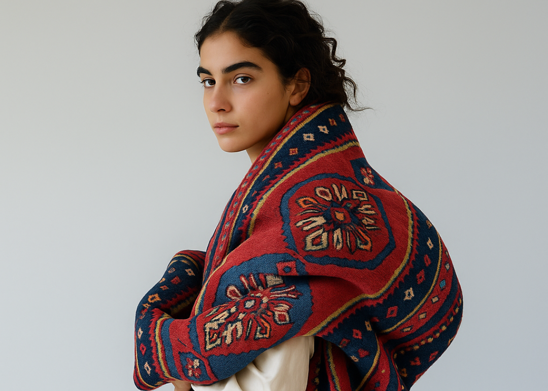 Editorial portrait of a woman wrapped in a handmade Persian rug with red and blue motifs — Oba Gallery